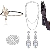 qanyue 1920s Flapper Headband, The Great Gatsby Headpieces for Women, Roaring 20s Costume Accessories Set Pearl Necklace Bracelet Earrings Gloves
