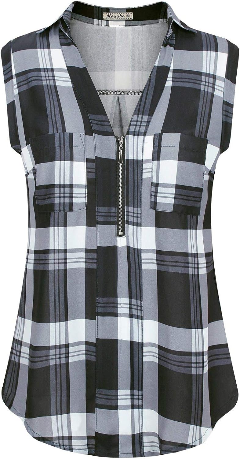 Moyabo Women's V Neck Zip Up Sleeveless Tank Tops/3/4 Cuffed Sleeve Casual Blouse Chiffon Shirts with Pockets
