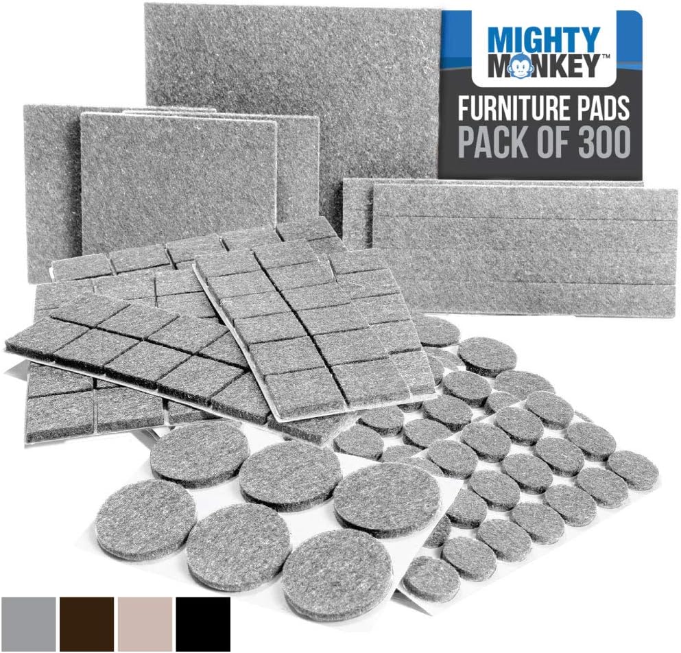 MIGHTY MONKEY Felt Furniture Gripper Pads, 300 Pack, Easy Glide, Stays on Furniture, Pad Prevents Scratches on Floors, Prescored Adhesive Strips Secure to Furniture, Heavy Duty, Protects Floor, Gray