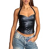 Coloquin Women Sexy Leather Top Sweetheart Neckline Halter Tops Backless Club Party Rave Going Out Tops