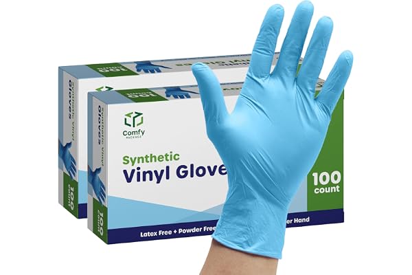 Comfy Package Synthetic Vinyl Blend Disposable Gloves Non-Sterile, Powder & Latex Free, Chemical Resistance Gloves