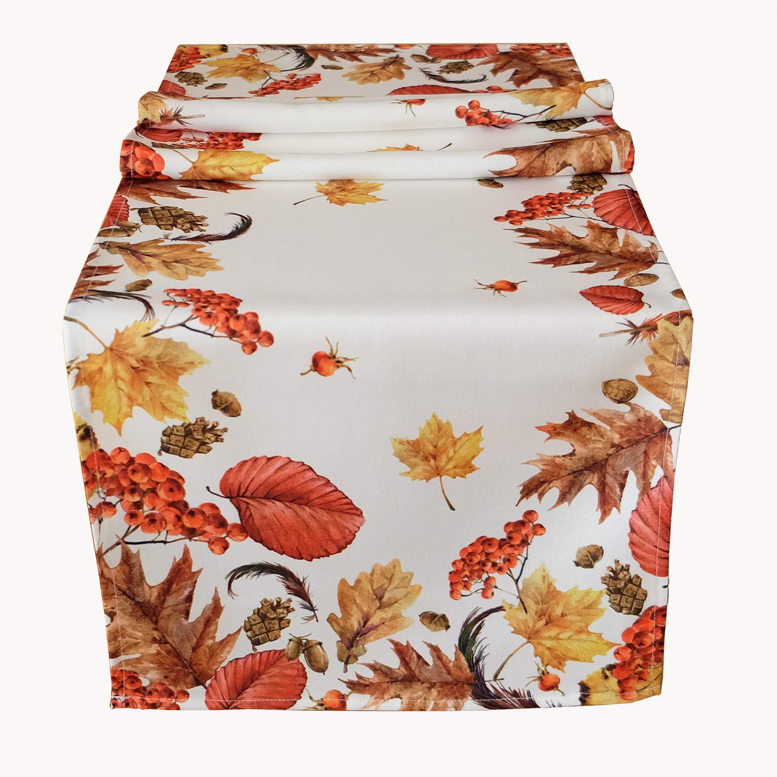Autumn Leaves Tablecloth, Cream, White, Beige, Colourful Printed Tablecloth, Autumn Table Decoration (40 x 140 cm)