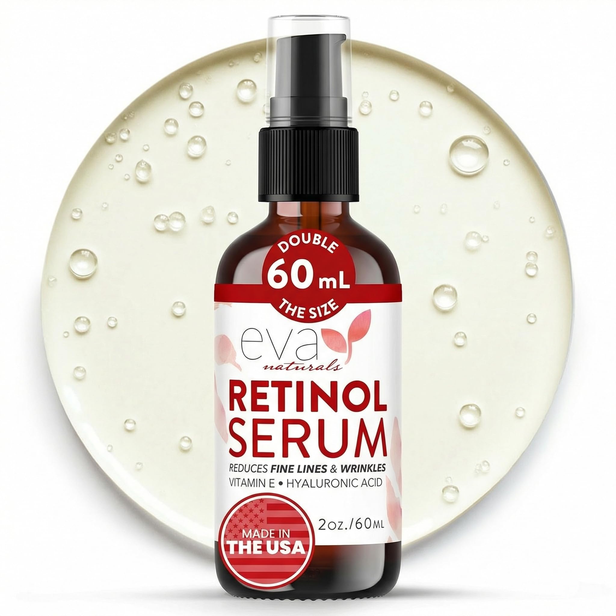 Retinol Serum 2.5% by Eva Naturals (60 ml, Double-Sized Bottle) - Best Anti-Aging Serum, Minimizes Wrinkles, Helps Prevent Sun Damage, and Fades Dark Spots - Vitamin A Retinol with Hyaluronic Acid