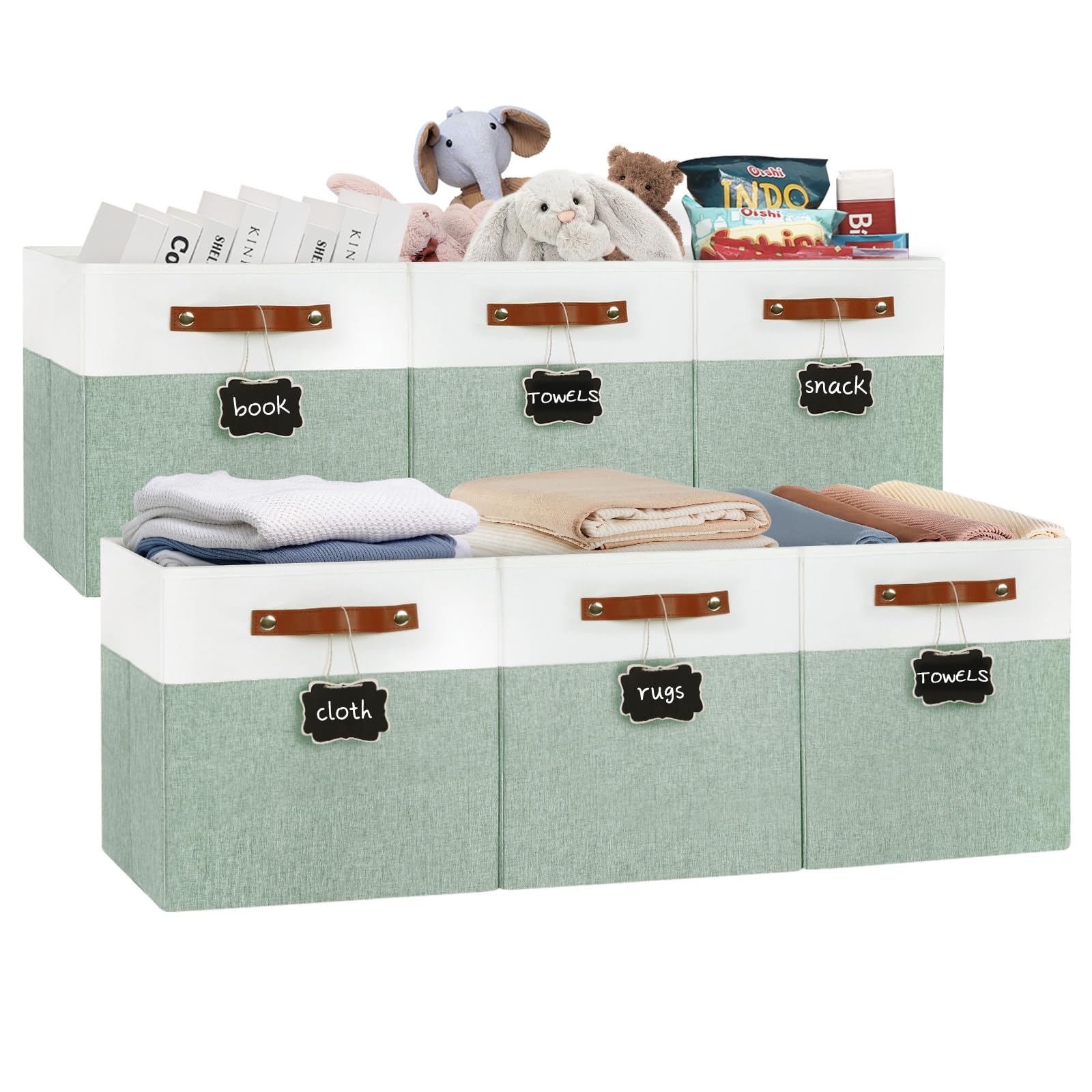 Photo 1 of 13x13 Storage Cubes 6-Pack, Large Foldable Fabric Cube Storage Bin with Reinforced Bottom and Labels, Organizer Baskets for Shelves, Closets(White/Green)