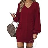 VAFOLY Women's Pullovers Jumper Sweaters Lantern Sleeve Casual V Neck Fall Knit Mini Sweater Dresses