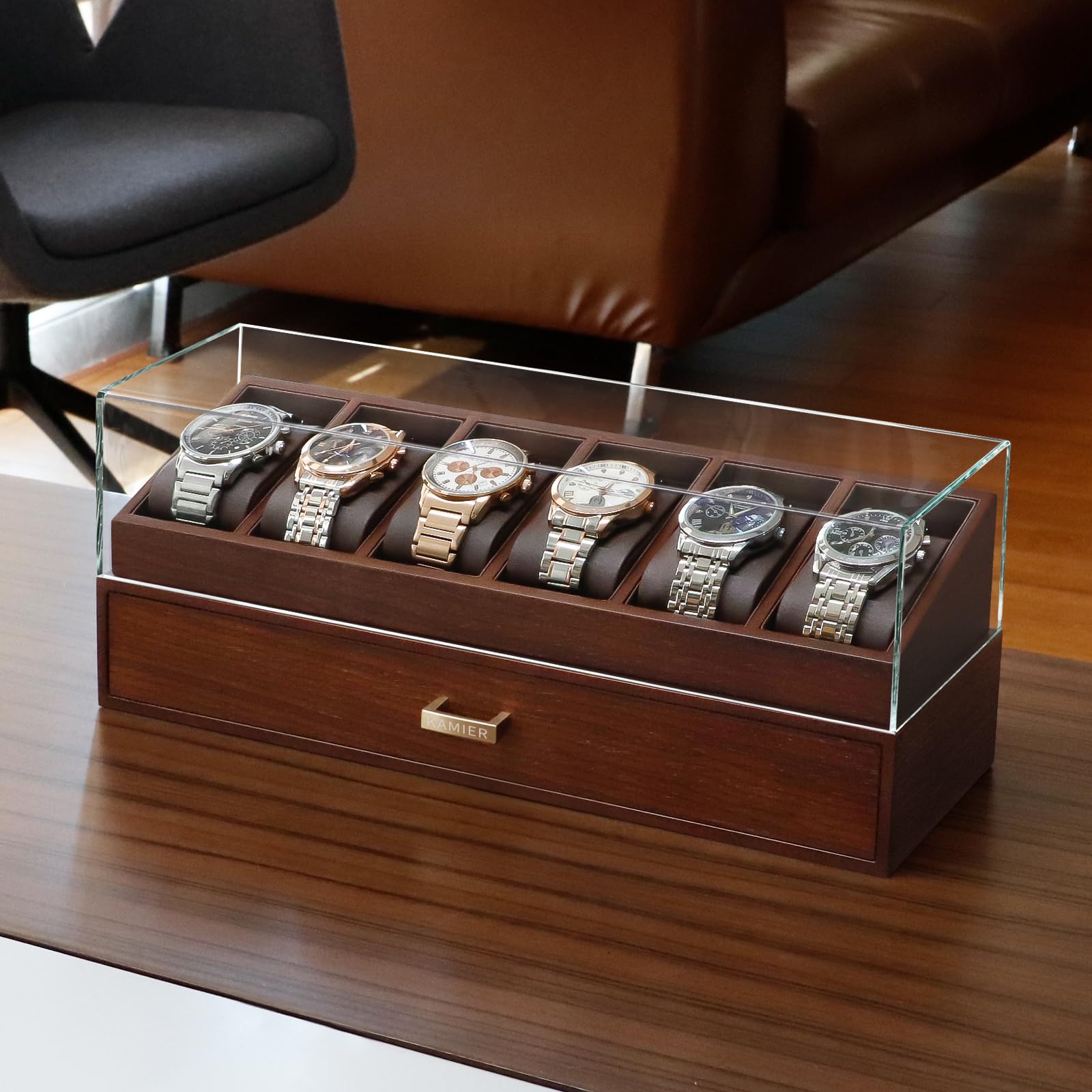 KAMIER High End Wooden Watch Box with 6 Slots & Glass Lid - 2-Layer Jewelry Organizer for Men - Watch Display Case, Ideal Business Gift for Watch Enthusiasts （with Gift Box）, Walnut