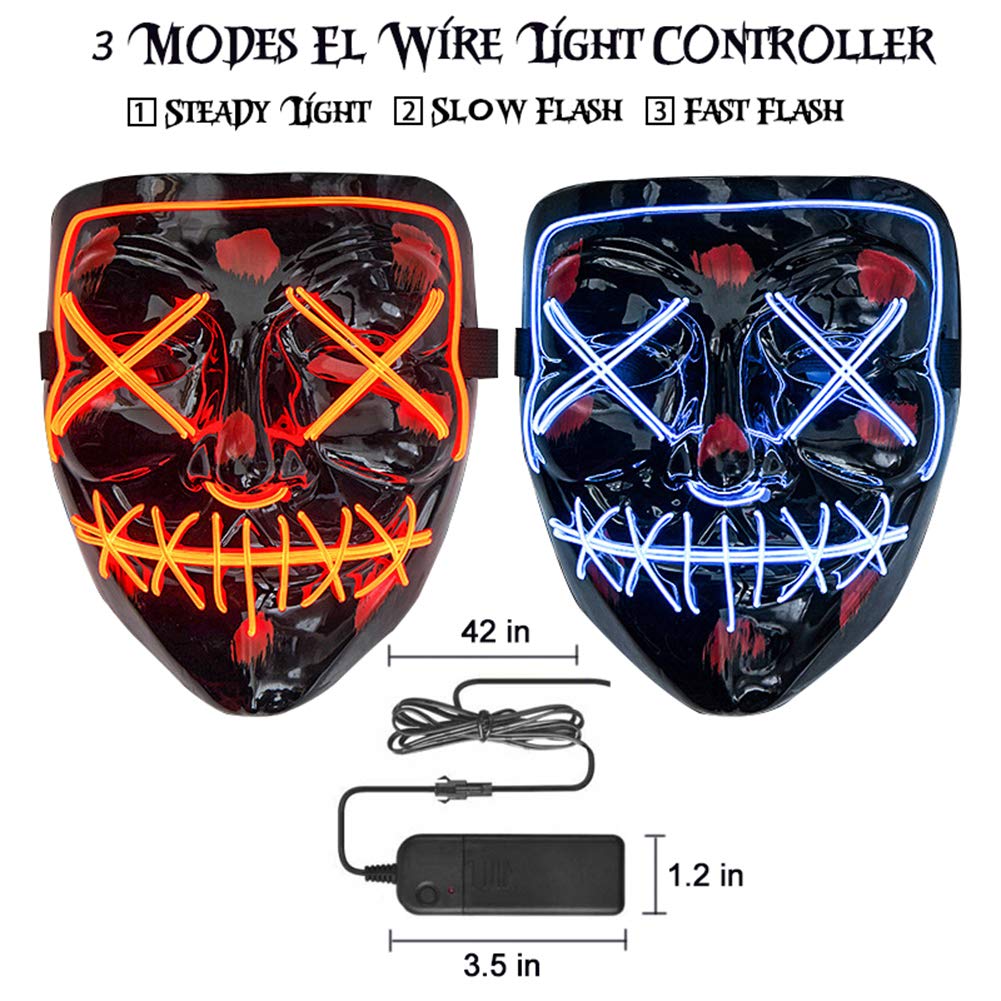 Trentixel 2 Pack LED Halloween Mask Halloween Scary Mask Cosplay Led Costume Mask EL Wire Light up for Halloween Festival Party