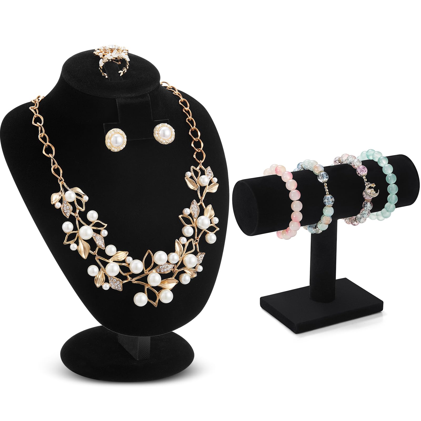 Photo 1 of RattanView 2 Pcs Black Velvet Jewelry Display Set Necklace Mannequin Bust Stand T Bar Bracelet Holder for Retail Home Decor1049312144
