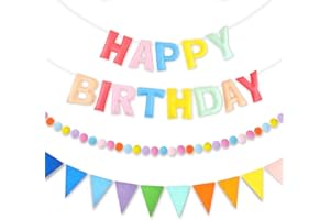 CANREVEL Pre-Strung 3D Happy Birthday Banner, 3 PCS Pastel Felt Garland, Pom Pom Garland, Triangle Fabric Bunting, Reusable Pastel Birthday Decorations for Women Girls