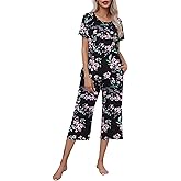 Ekouaer Women's Pajamas Set Short Sleeve Top With Capri Pants Pjs Lounge & Sleepwear Set S-XXL