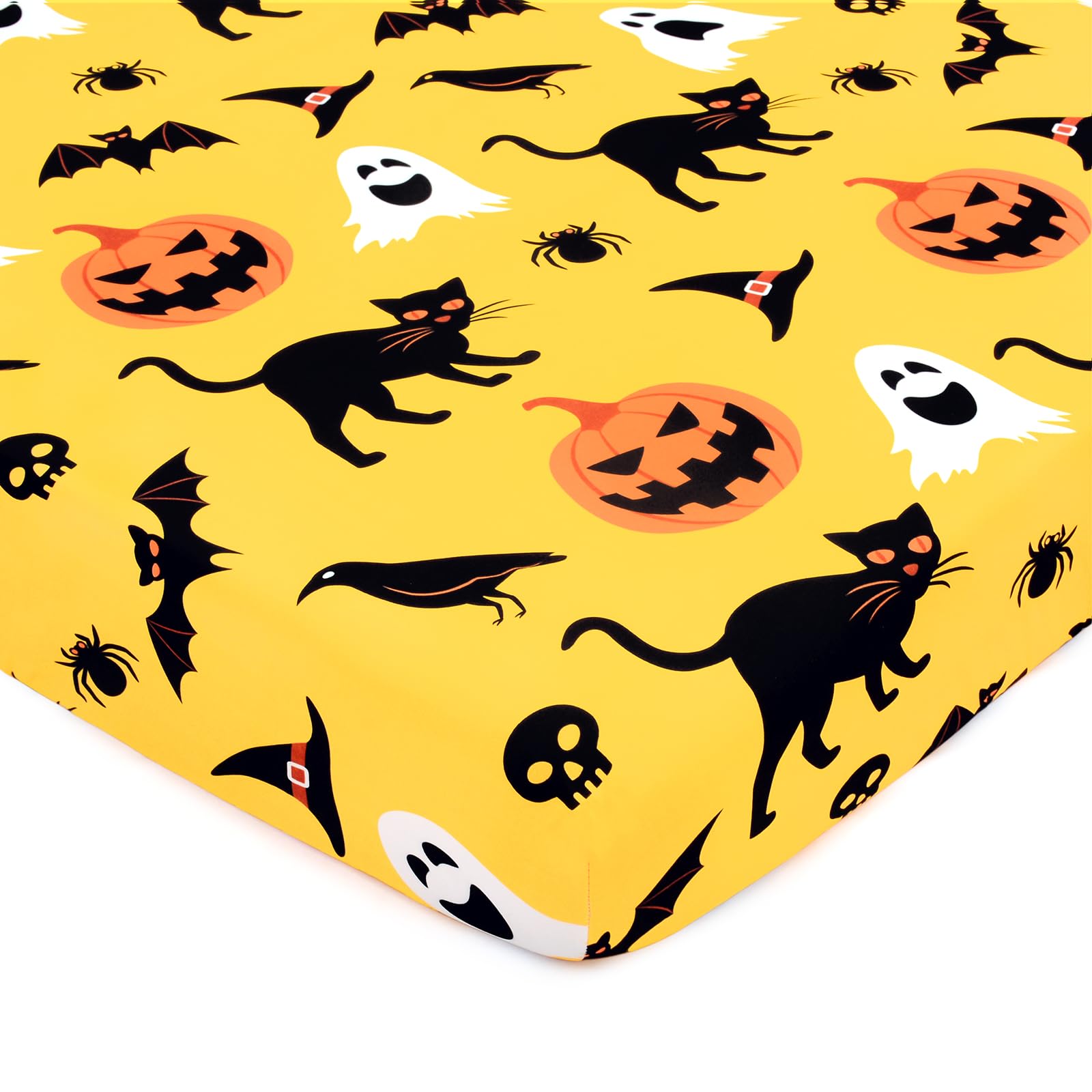 Photo 1 of Halloween Crib Sheets, Fitted Crib Sheet with Cat, Pumpkin, Ghosts, Bat, Crow, and Spider, Measuring 52'' x 28'' to fit Standard Crib & Toddler Mattresses, Yellow