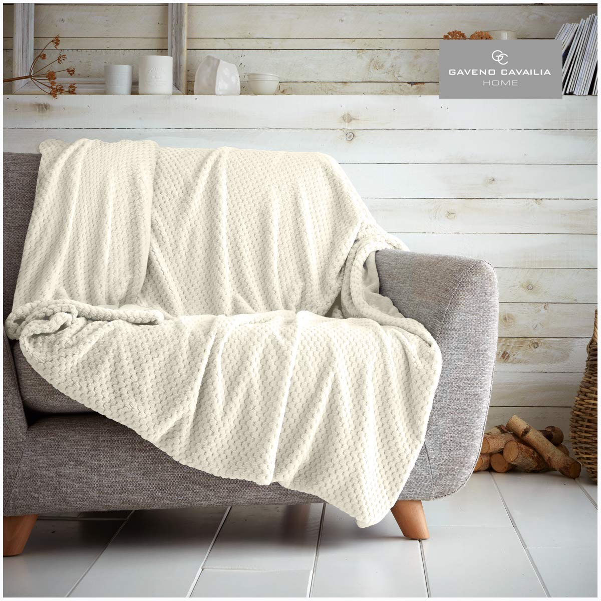 GC GAVENO CAVAILIA Gaveno Cavailia Popcorn Honey Comb Sofa Bed Blanket, Super Soft Fluffy Easy Care Lightweight Luxury Design, Cosy Warm Settee Waffle Throw-Over [King (200x240 Cm), Cream], Polyester