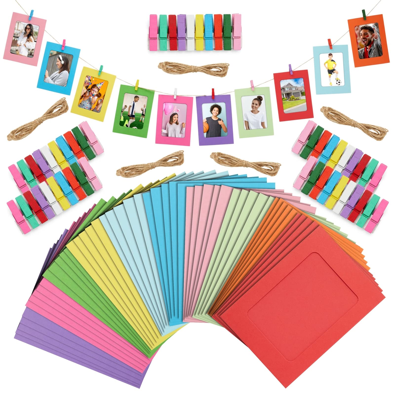 50-Pack Cardboard Paper Picture Frame with Mini Clothespins and Tanging Twine, 15.2 x 10.2 cm, 10 Colours