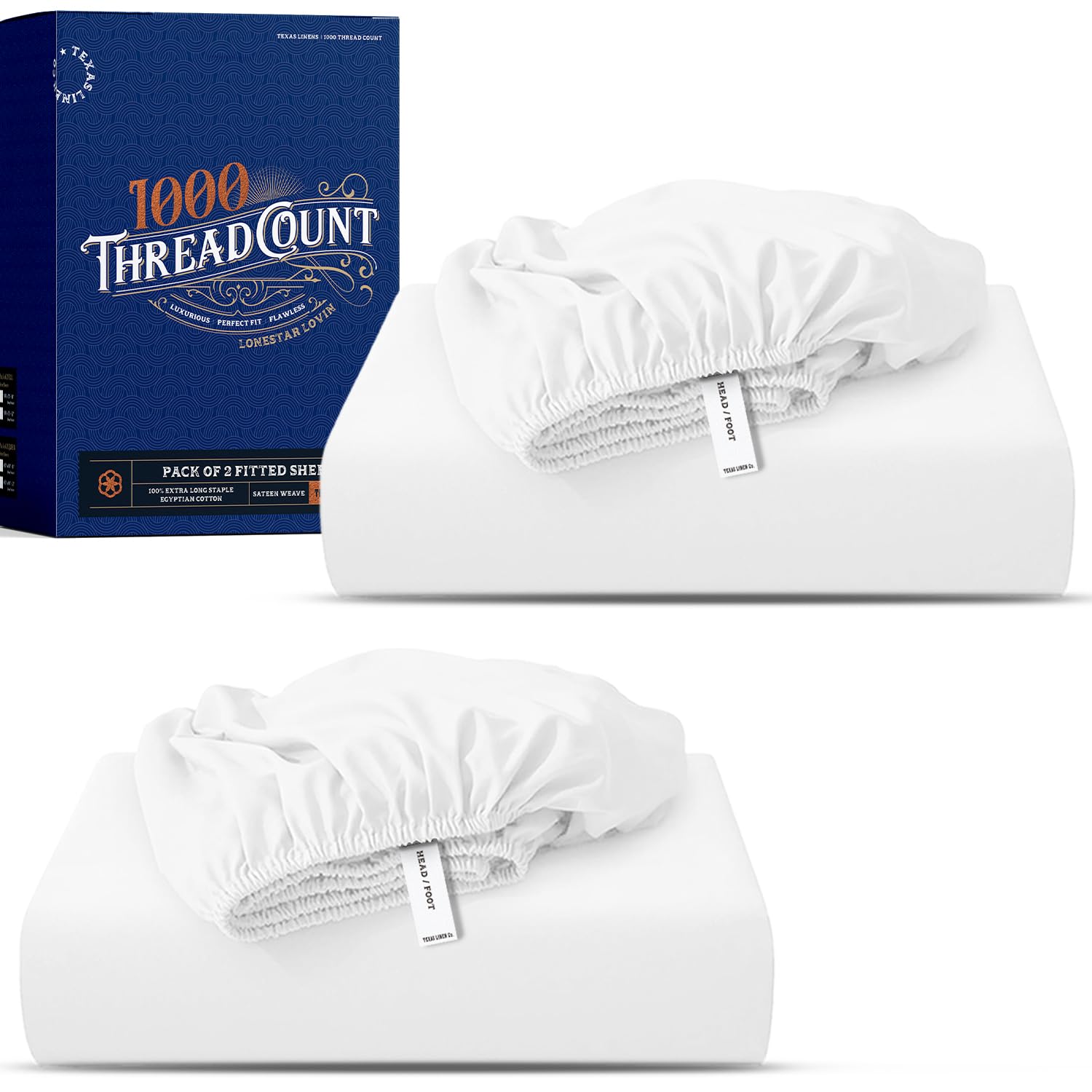 TEXAS LINEN CO. 100% Egyptian Cotton King Fitted Sheet Pack of 2 - Luxury High Thread Count Deep Pocket King Size Fitted Sheet Only (White), Soft, Cooling, Sateen Weave Hotel Quality Bottom Sheets