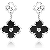 Black Onyx, Green Malachite or Mother of Pearl Flower Dangling Drop Earrings for Women in 925 Sterling Silver with Rose Gold Plating Post Back by Lavari Jewelers