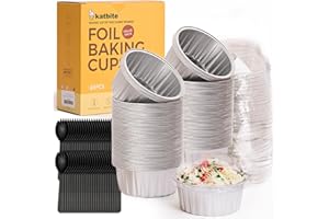 Disposable Ramekins with Lids - Katbite 60 Pack 5oz Aluminum Foil Cupcake Baking Cups, Muffin Tins for Creme Brulee, Desserts