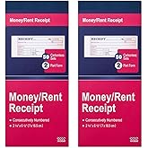 XKDOUS 2 Pack Money and Rent Receipt Book, 2-Part Carbonless | 2-3/4" X 6-1/2", 50 Sets Per Book, Carbonless Duplicate Receipt Book for Rent, Cash Payments &amp; Small Business