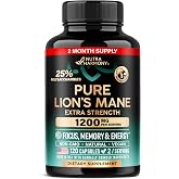 Lions Mane Supplement Capsules - Organic Lions Mane 1200 mg, 120 Vegan Caps | Pure Lion's Mane for Women &amp; Men - Fruiting Bodies Extract, 25% Polysaccharides - Memory &amp; Focus Support - As Lions Powder