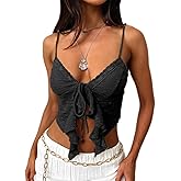 Women's Sexy Lace Up Padded Camisoles Spaghetti Straps V-Neck Ruffle Crop Tops Y2K Cami Shirt Streetwear