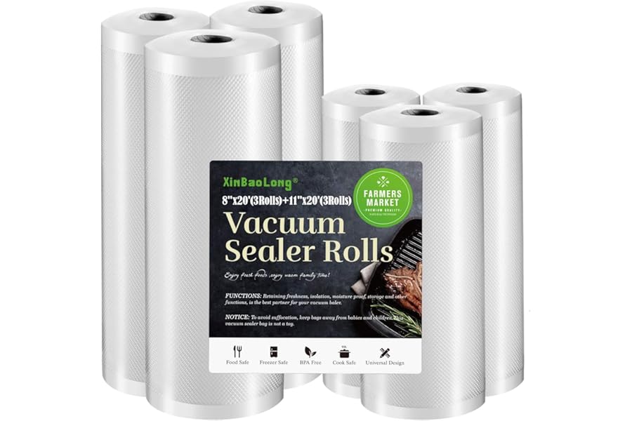 Vacuum Sealer Bags For Food: 6 Pack 3 Rolls 11" x 20' + 3 Rolls 8" x 20'-Commercial Grade BPA Free Bag Rolls- Freezer Bags Du Book