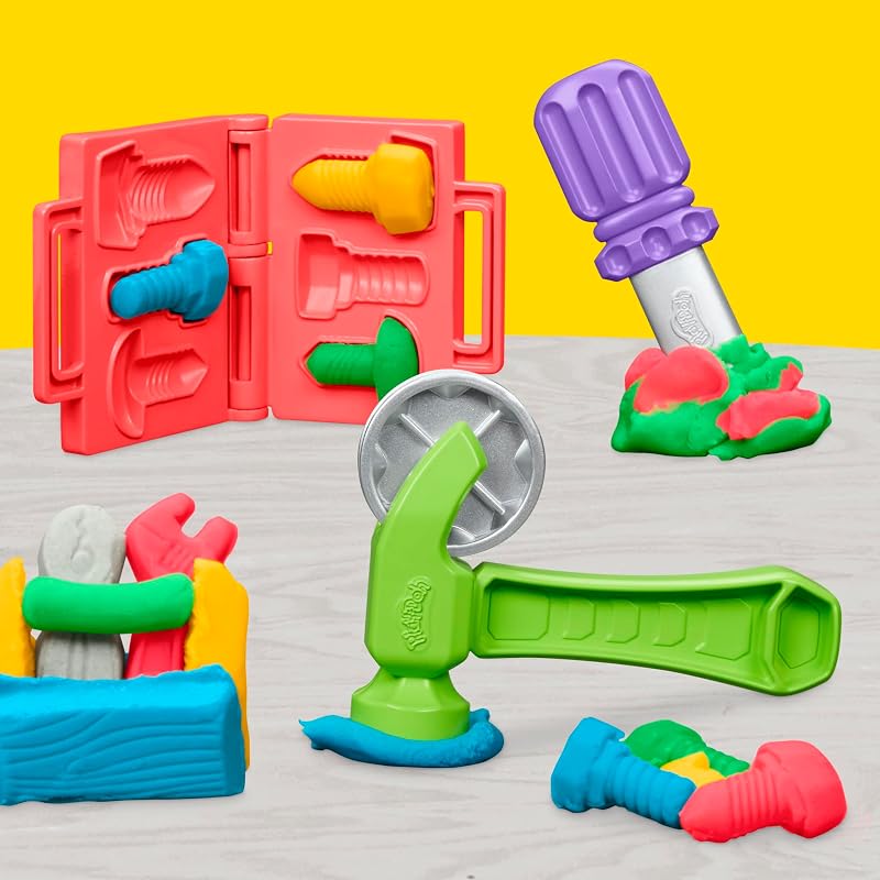 Play-Doh Tool Bank Craft set com plasticina com selos, ferramentas de brinquedo e 5 potes de cores diferentes, meninos e meninas de 3 anos ou mais