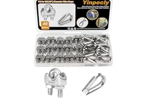 Yinpecly 20Pcs 1/8'' M3 Wire Rope Clamps 20Pcs M3 Wire Rope Thimble, 304 Stainless Steel Cable Clamps Kit for 1/8 inch Steel Cable Thimbles Rigging Tent Rope Guardrail System