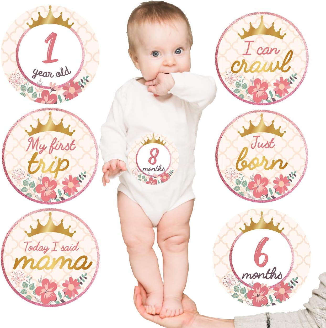 Baby Monthly Milestone Stickers, (Set of 20) Baby Belly Stickers with Crown Rose Gold Flower, Best Baby Shower Registry Gift, Scrapbook Photo Keepsake or Baby Photo Sharing Milestone Sticker.