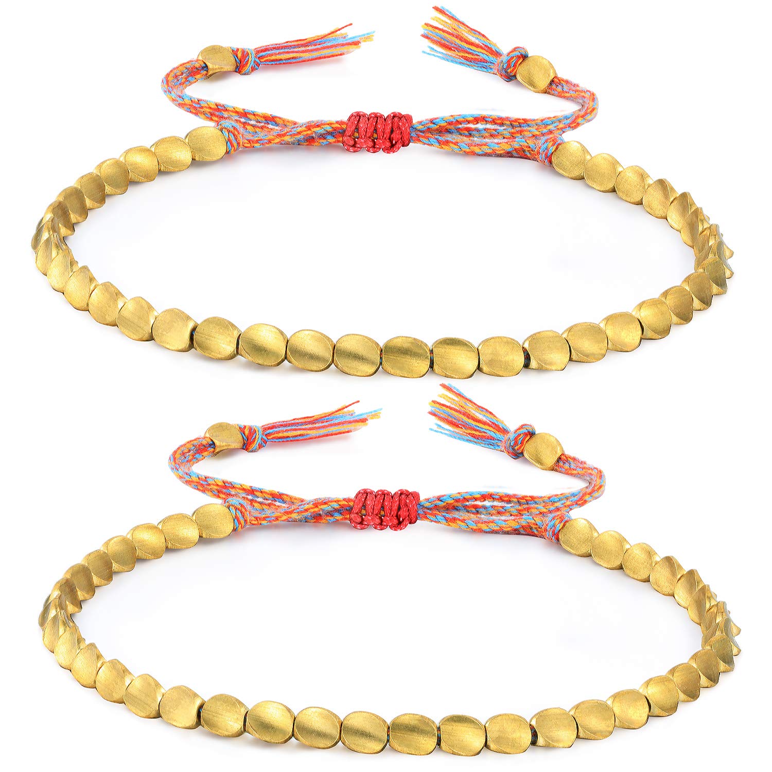 2 Pieces Tibetan Copper Bead Bracelets Handmade Braided Bracelets Adjustable Colorful Thread Beaded Bracelet (Trilateral Bead Style)