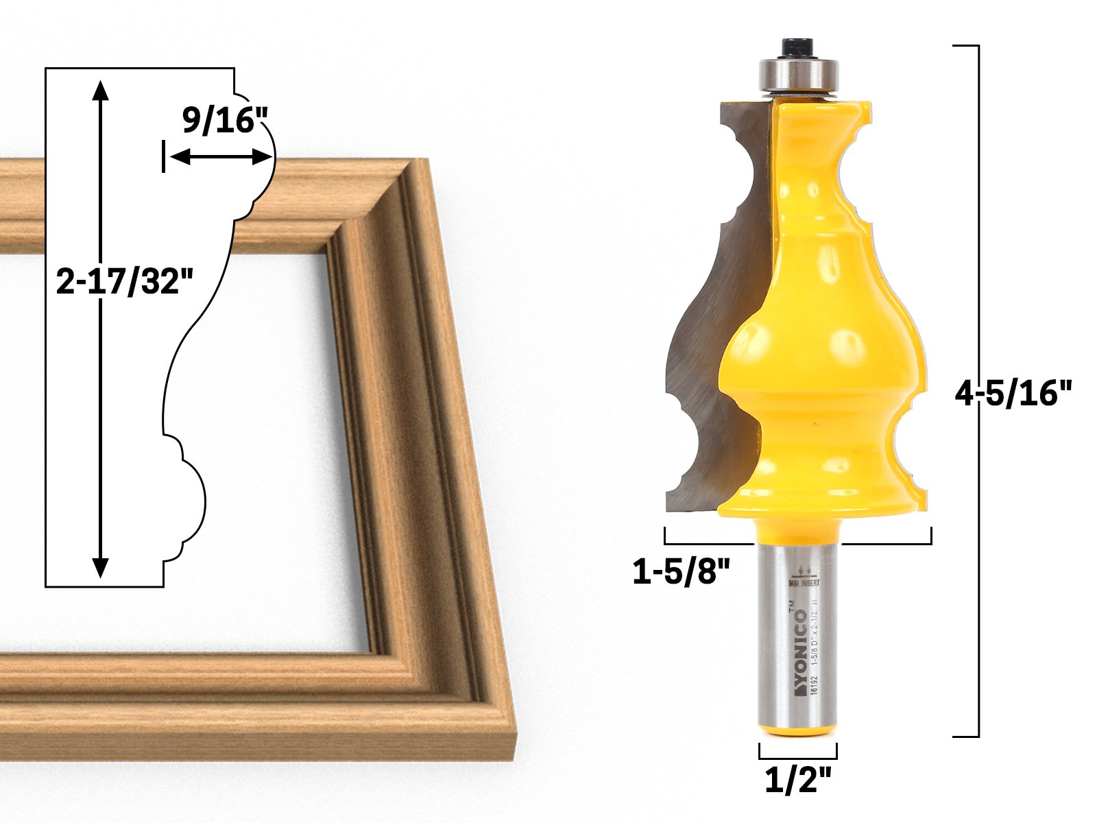 Yonico 16192 Large Elegant Picture Frame Molding Router Bit 1/2Inch