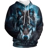 Amasnay Blue Flame Wolf Hoodies 3D Print Graphic Pullover Hooded Sweatshirt Hoodies with Big Pockets for Men Women