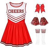 LiuSuper Cheerleader Costume for Girls, Bow&Poms&Socks, Halloween Kids Cheerleading Outfit High School Cheer Leader Dress Up