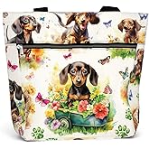 84hoods Large Waterproof Tote Bag with Pockets and Zipper for Work. Gift for Women Dachshund Lovers and Owners.