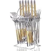 Gold Silverware Set, Caliamary 24 Pieces Flatware Set with Silverware Holder, Stainless Steel Knives and Forks and Spoons Cutlery Set Service for 6, Kitchen Utensil Tableware Set with Antiskid Handle