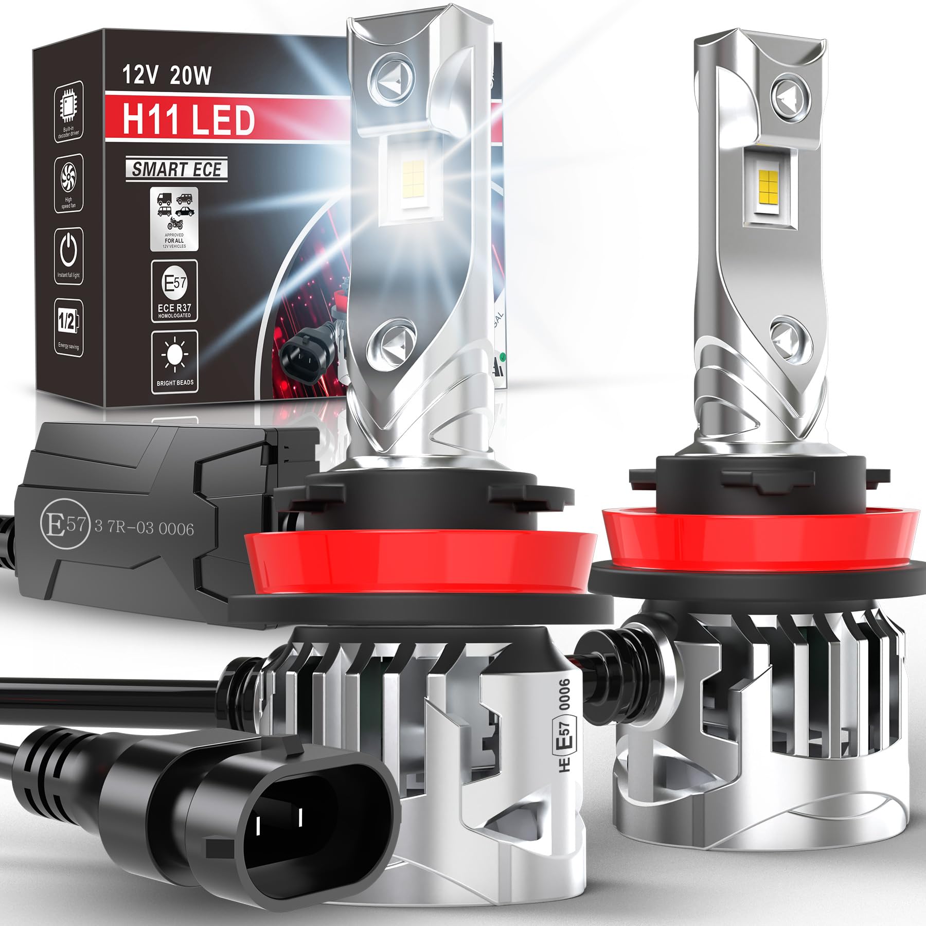 KOHYIER H11 LED Scheinwerferlampe mit Straßenzulassung, 6500K Weiß H9 H8 LED Lampe, UNECE-R37 Zugelassene LED Retrofitlampe, 2 Stück