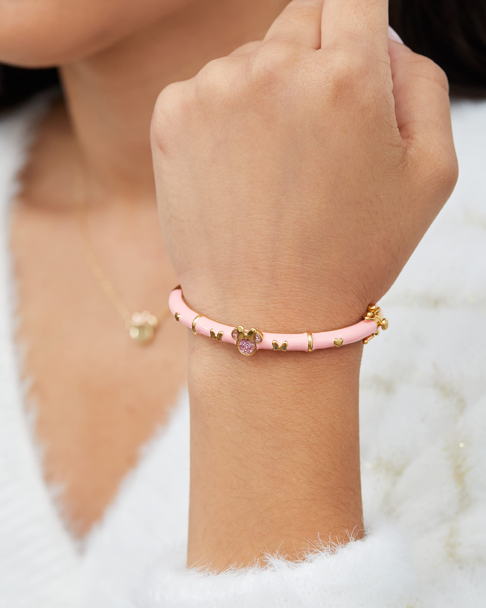 Disney Jewelry for Pink Minnie Mouse Bangle Bracelet, Yellow Flash Plated, Glitter Accent, 6.5