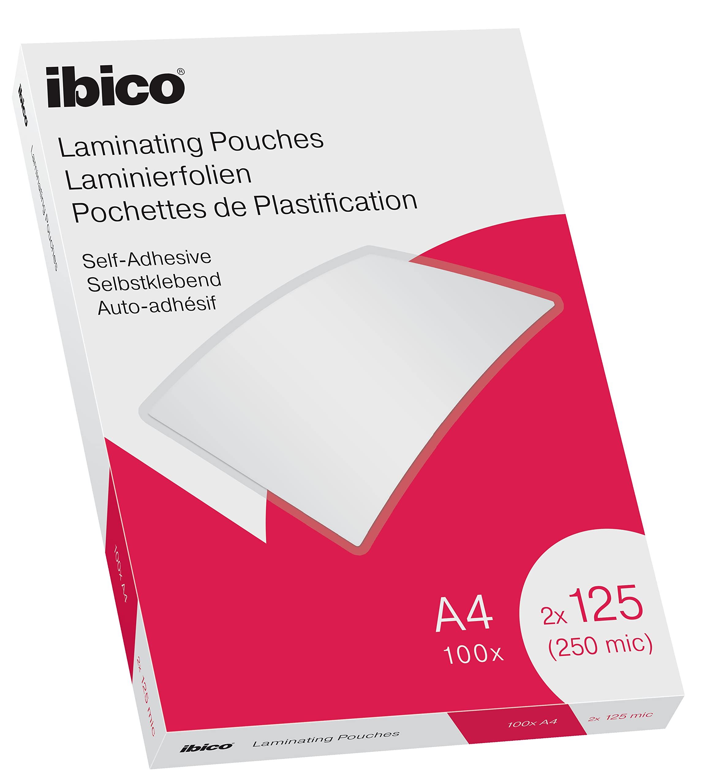Ibico A4 Laminating Pouches, 250 Micron (2x125), High Document Protection & Durability, Self Adhesive, Pack of 100, Gloss Finish, Crystal Clear, 627325