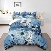 Castle Fairy Rustic Floral Comforter Set Queen Size,Farm Daisy Flowers Butterfly Country Bedding Set for Women Adult,Blue Abstract Art Graffiti Luxury Bed Duvet Insert, 2 Pillowcases