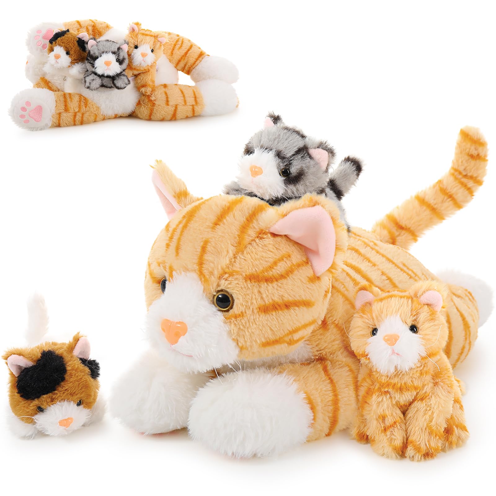 Photo 1 of Muiteiur 4 Piece Cat Stuffed Animals, 15.7 inch Mom Plush Cat with 3 Kittens Stuffed in Zipper Pouch, Cute Yellow Mom and Baby Stuffed Cats for Kids Girls Boys