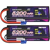 EMEPOVGY 7.4V Lipo Battery 2S 5200mAh 80C Lipos Hard Case with EC3 Connector for RC Car Trucks 1/8 1/10 RC Vehicles(2 Packs)