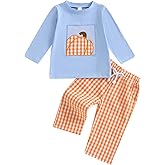 Arvbitana Toddler Baby Boy Halloween Pumpkin Outfit Long Sleeve Embroidery T-shirt Gingham Pants Two Piece Smocked Clothes