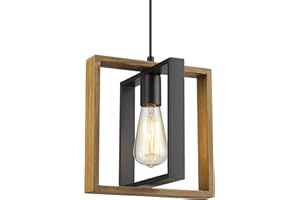 Ken & Ricky Farmhouse Pendant Light Fixture, Soild Wood Hanging Light, Rustic Kitchen Island Lighting with Matte Black Metal Frame for Entryway Dinning Room Bathroom Bedroom - 1 Pack