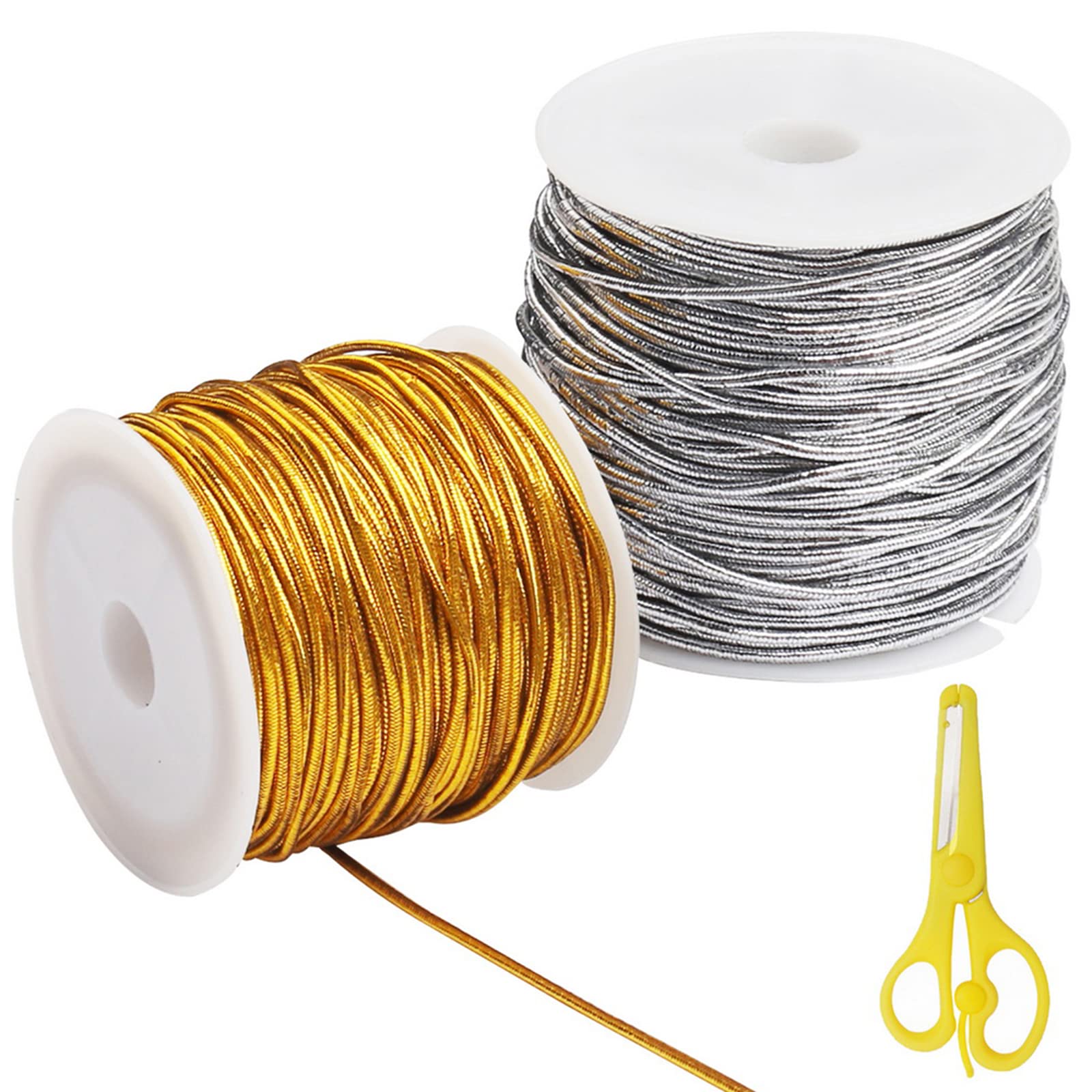 2 Roll DIY Craft String, 50M Craft Making Elastic Cord 1MM Thick Gold Silver Metallic String for Christmas