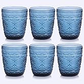 abrwyy Blue Glassware set of 6, 10OZ Drinking Glasses, Blue Heavy Duty Glass Cups, Old Fashioned Glass, Embossed Glasses Set for Party Wedding Home Office Glassesware Gift