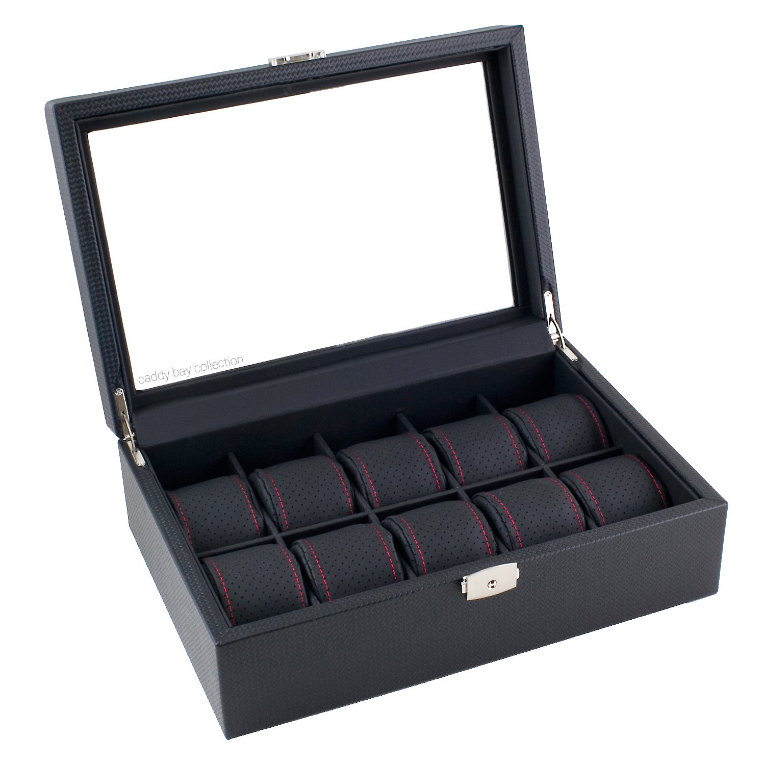 Black Carbon Fiber Pattern Watch Box Display Storage Case with Glass