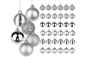 HOLLYONE 2.36" Christmas Ball Ornaments Shatterproof Silver Large Christmas Ornaments Hanging Balls Christmas Tree Decorations Set for Xmas Wedding Holiday Party, 36 Pcs