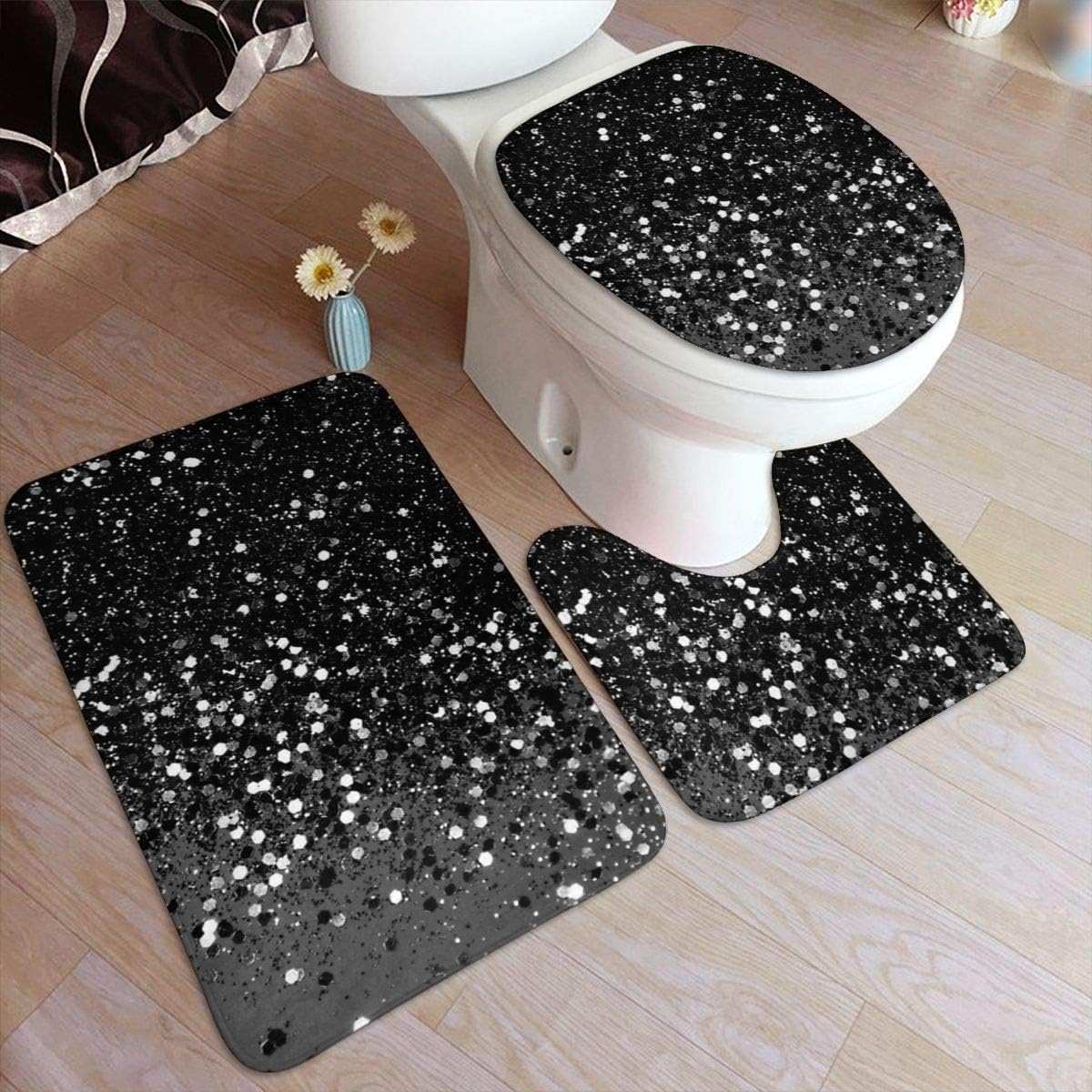 Beauty-Design Badezimmerteppich-Set, dunkelgrau, schwarz, glitzernd, 3