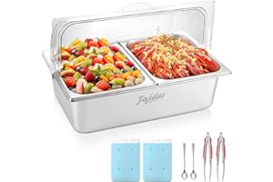 FAJIDUO Countertop Ice Food Serving Display Container, Spice Display Salad Dressing Cooler, Stainless Steel Food Serving Tray Buffet Condiment Dispenser with Clear Roll Top Cover, Clamps, Spoons, Ice Packs