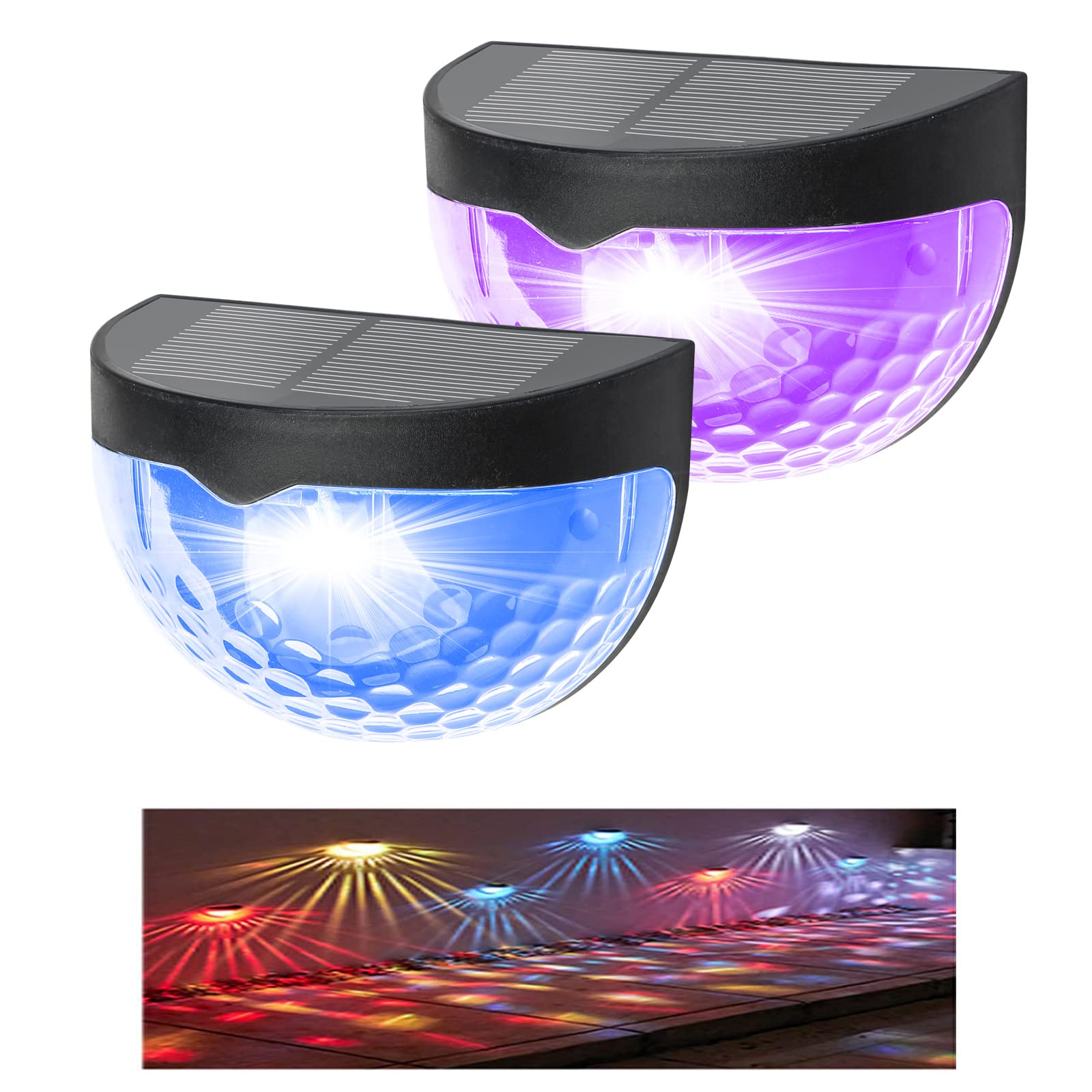 jindaaudio 2 Pack Solar Fence Lights,Solar Deck Lights Outdoor Wall Mount Decorative Step Lights Waterproof Fence Lighting for Garden, Porch, Stair,Pool,Yard(Colorful Light)