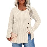 HOTGIFT Womens Plus Size Sweater Tops Long Sleeve Crewneck Casual Tunic Shirts Buttons XL-5XL Blouse Soft Comfy Fashion
