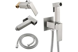 BARROCK Warm Water Bidet Sprayer Faucet for Toilet with Hot and Cold Brass Valve, Stainless Steel Square Handheld Bidet Attachment Set for Feminine, Pets and Baby Diaper Washing, Brushed Nickel